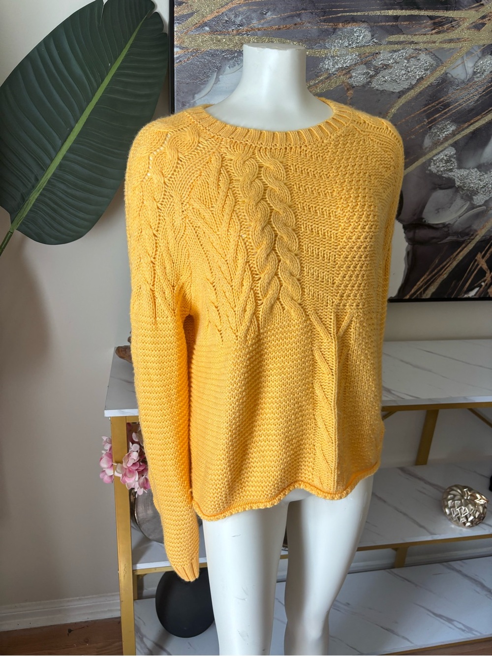 Time and Tru Yellow Cable Knit Scoop Neck Sweater